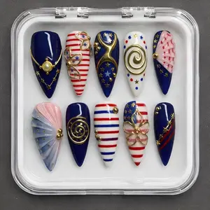 EG17- Americana Seashell Press-On Nails, Navy Red Stripe Art, 3D Coastal Shell Detail, Gold Star Accents, Glossy Luxury Handmade Summer Holiday Nail Set, Gift for Her