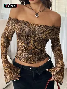 Women's Leopard Print Off Shoulder Mesh Top, Fashion Casual Long Sleeve Top for Daily Outdoor Wear, Ladies Clothes for All Seasons
