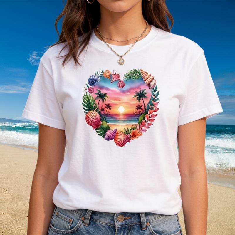 Women's Oversized Pure Cotton Beach Graphic Tee - Short-Sleeves, Lightweight Crew Neck, Seashell Heart Tropical Sunset Palm Tree Ocean Design, Y2K Coquette A-Type Summer Vacation Top, XS-6XL, Free Exquisite Gift Per Purchase, Sohochic Viral TikTok Tees