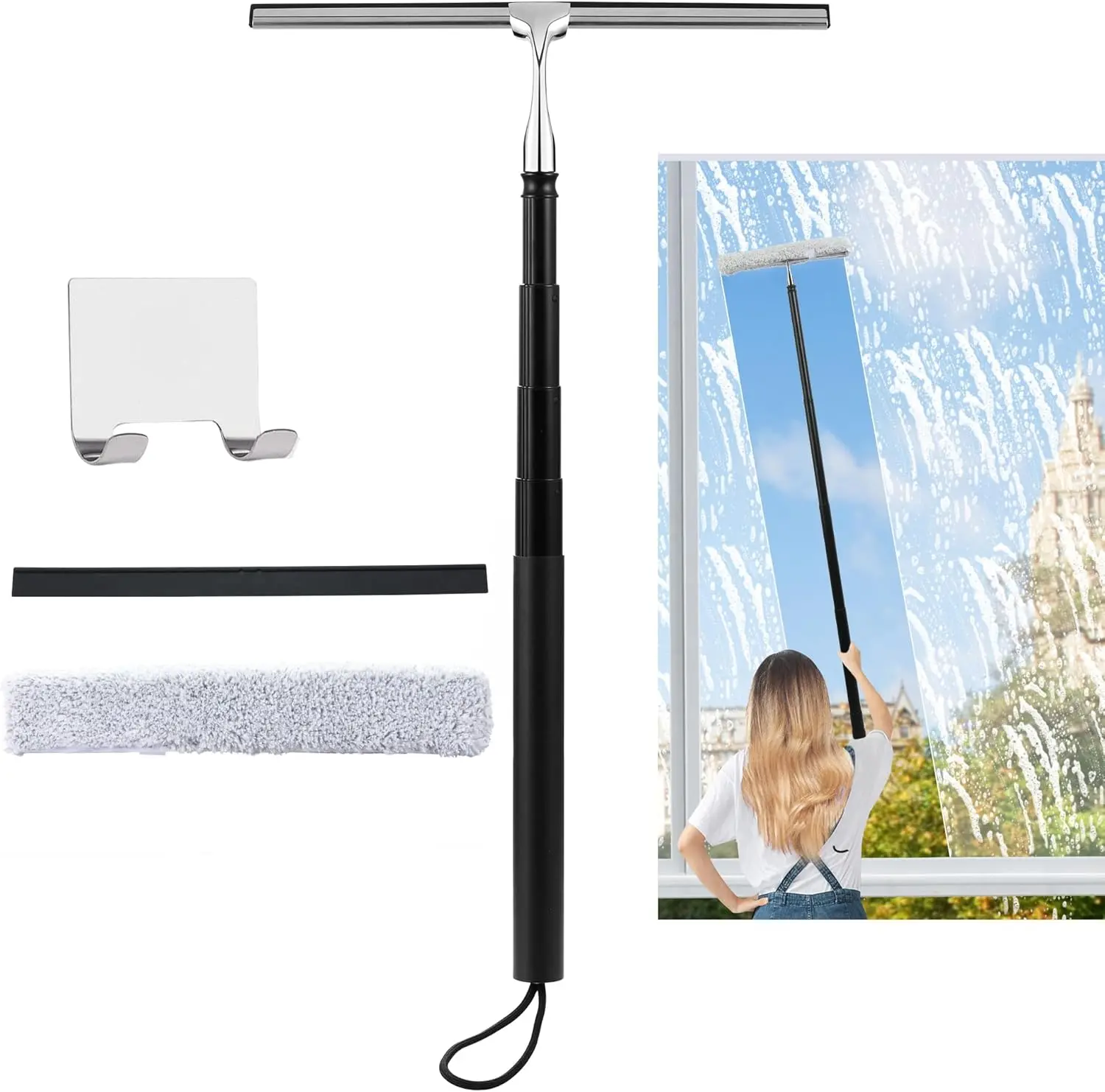 Window  for Home, 2 in 1 Window Washing kit with Extension Pole Long Handle  for Shower Glass Floor Tile Wall  Windshield, 12 inch Wide, Black