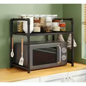 Heavy-duty adjustable telescopic microwave rack with upper and lower tiers, small multifunctional rack, easy-to-assemble kitchen organizer, kitchen countertop organizer, spice rack, oven stand, microwave rack