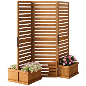 Outsunny Freestanding Outdoor Privacy Screen, 4 Self-Draining Planters / Raised Garden Beds, 3 Hinged Panels for Hot Tub, Patio, Backyard, Deck, Natural