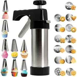 Stainless Steel Cookies Press,Cookie Press  Kit with 13 Cookie Discs and 8 Piping Tips for DIY Various Cookies Maker