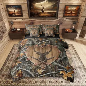 Deer 7 Piece Comforter,Kids Boys Girls Hunting Sheet Set,Bed Bag,Farmhouse Wildlife Rustic Camo Elk Leaves Antlers Tree Gun Pattern Cabin Bed Set