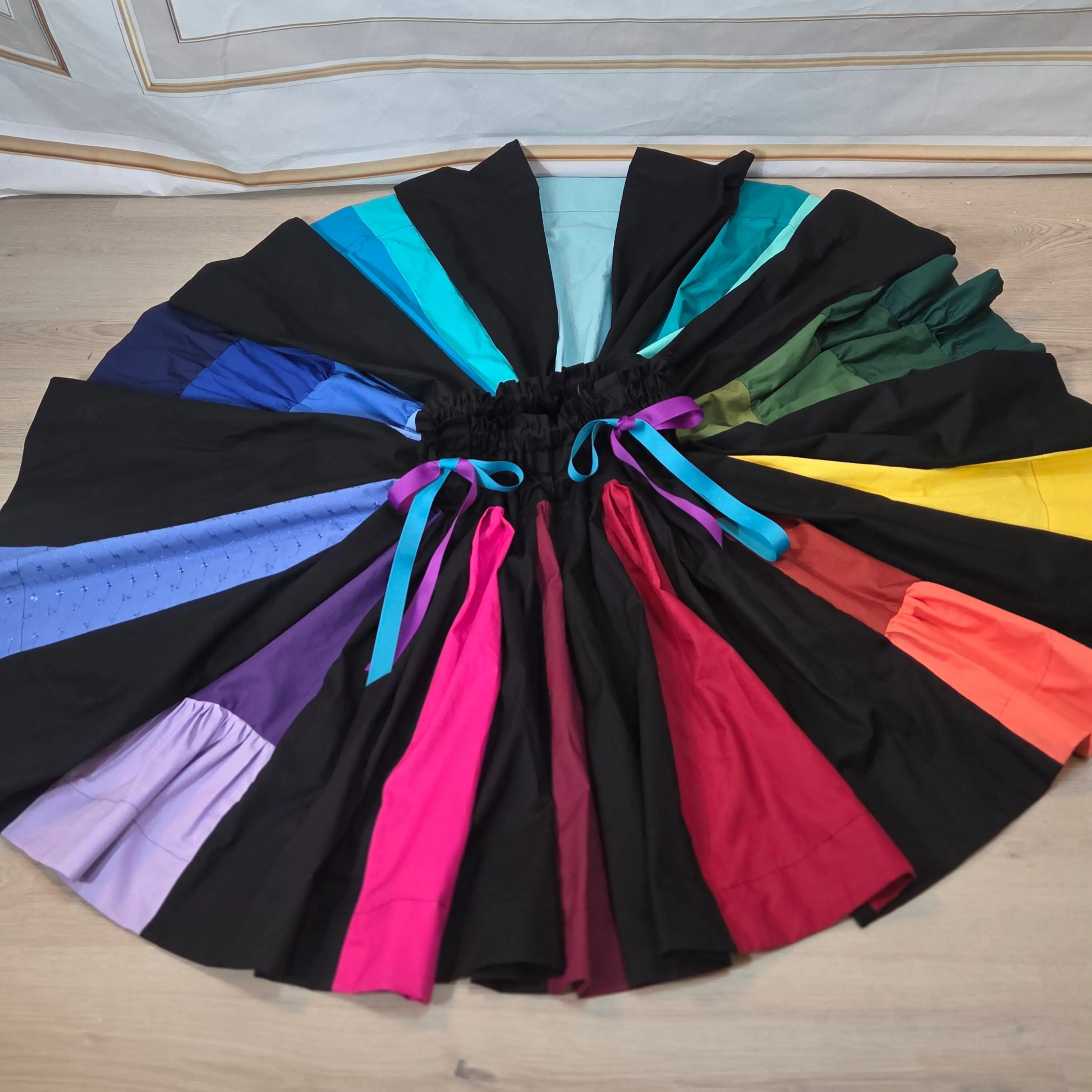 Rainbow Box Pleated Skirt - Knee Length Drawstring Twirling Skirt with Pockets, High Waist, Black and Rainbow