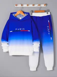 Boys' Paris Print Hoodie Set, Long Sleeve Gradient Design, Casual Fall & Winter, Kids Clothing for Ages 6-12 Years