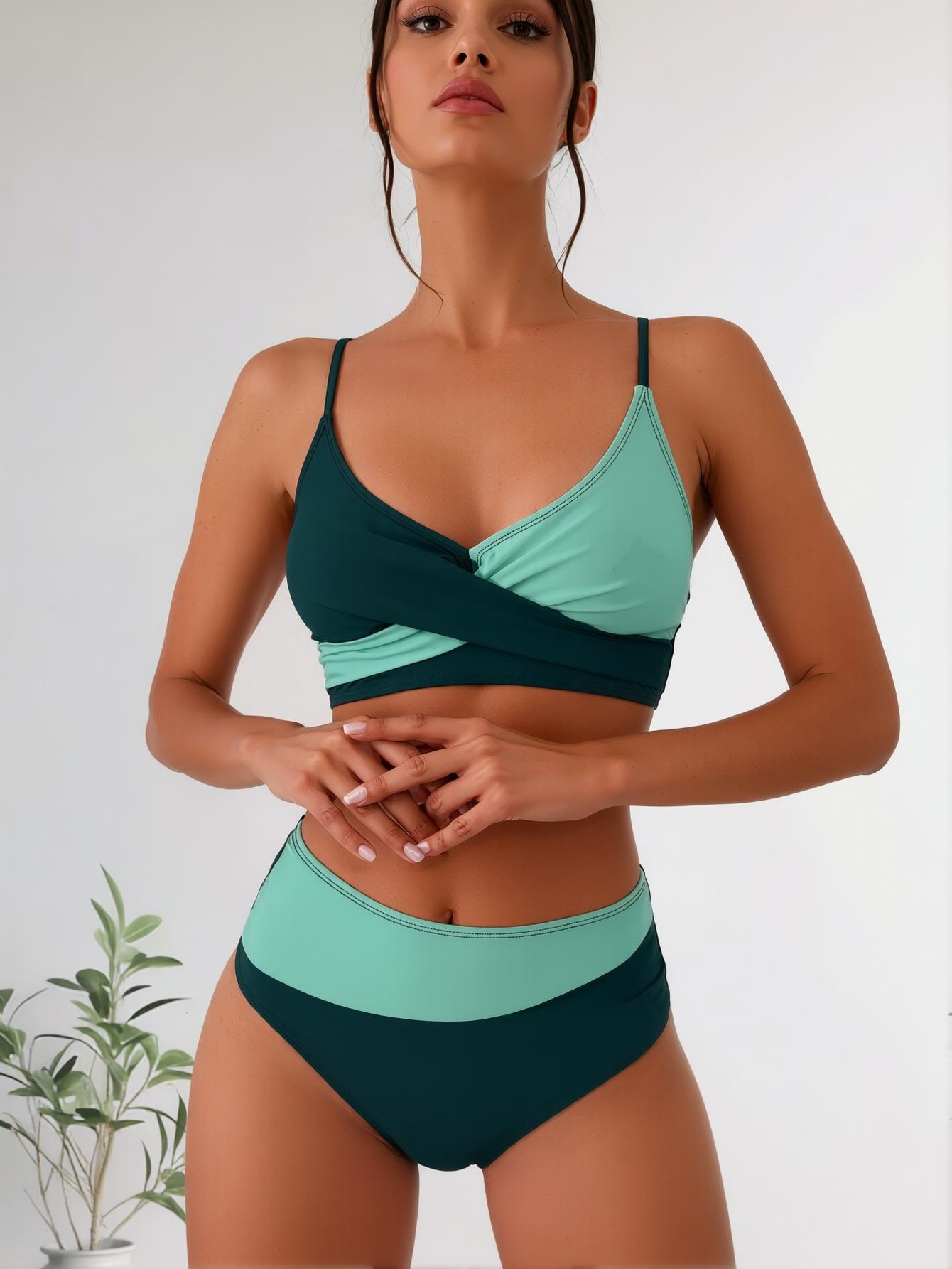 Two Tone Green Twist Front High Waist Bikini Set – Crisscross Back Sexy Tummy Control Swimwear