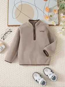 Fall Winter Warm Long Sleeve Pullover, Half Zip Embroidered Fleece Sweatshirt, Casual Fashion Plain Design for Baby