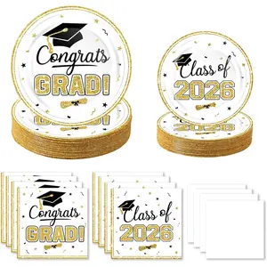 2026 Graduation Party Decorations Set - 200Pcs White Gold Class of 2026 Graduation Plates and Napkins Disposable Tableware for College High School Congrats Graduation Party Supplies, Serves 50