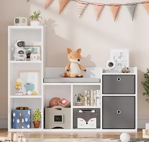 Bookshelf 44.1in Width Toy Storage Organizer with Reading Nook White Bookcase Seat Cushion Wooden 6-Cubby Storage Bench 2 Drawers Toddler Cabinet Shelf for Room, Playroom, Nursery