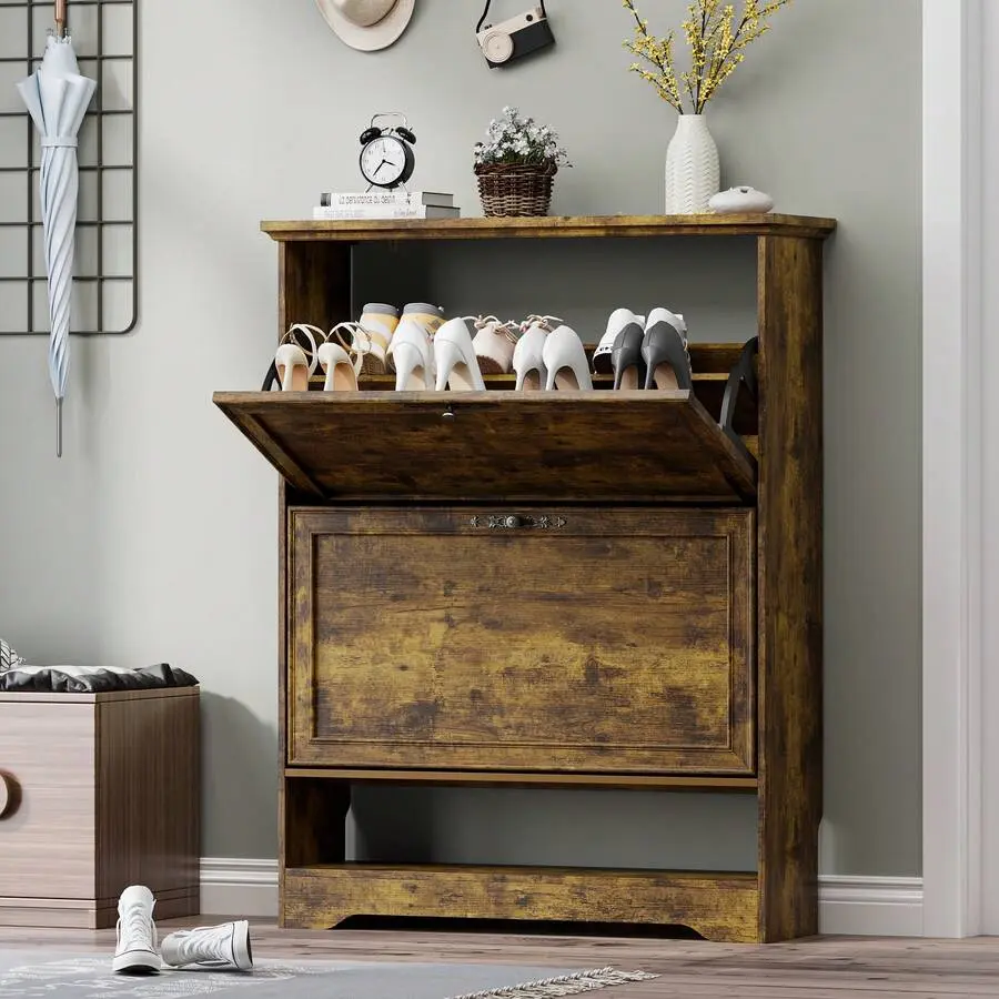 Shoe Cabinet For Entryway, Slim Shoe Storage Cabinet With Adjustable Shelves, Wooden Rack And Organizer For Small Spaces, Closet, Hallway