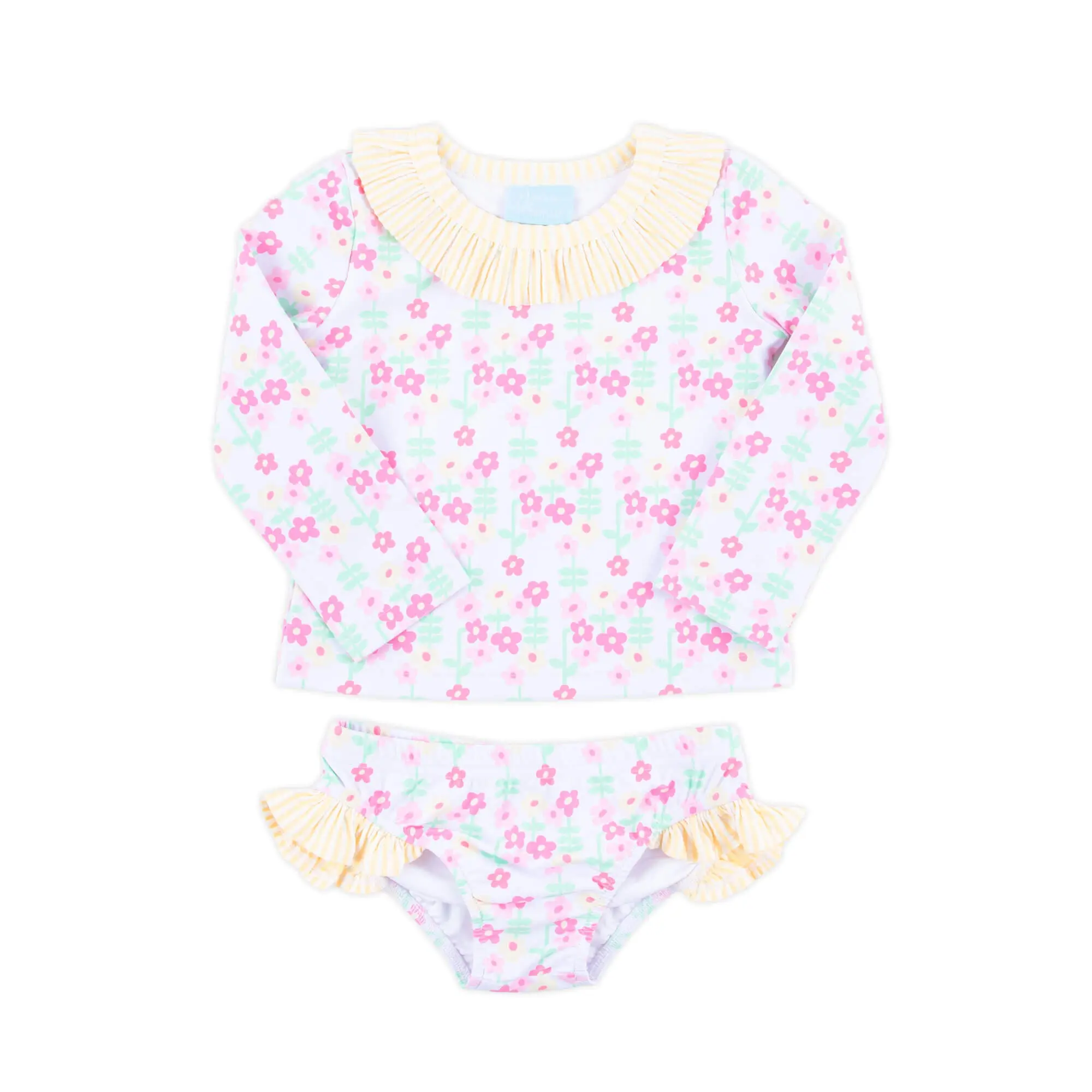 Ditsy Floral Yellow Stripe Rash Guard Set - Pink Flower Long Sleeve Swimsuit for Girls Ditsy Floral Yellow Stripe Rash Guard Set - Pink Flower Long Sleeve Swimsuit for Girls