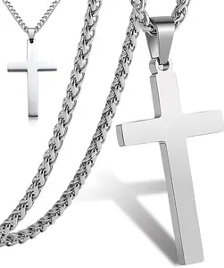 2026 Fashion Cross Pendant Necklace Plated Stainless Steel Simple Big Cross Pendant Necklaces Large Dainty Christian Cross Necklace for Men woman