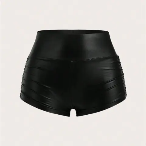 Women's Solid Color Stretch Fitted Knit Shorts, Fashion Casual Minimalist Style PU Leather Shorts for Daily Outdoor Wear, Ladies Bottoms for All Seasons Fabric, Womenswear