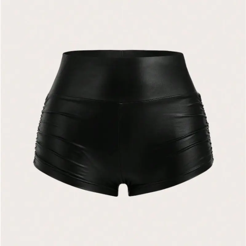 Women's Solid Color Stretch Fitted Knit Shorts, Fashion Casual Minimalist Style PU Leather Shorts for Daily Outdoor Wear, Ladies Bottoms for All Seasons Fabric, Womenswear