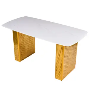 Modern Rectangular Tempered Glass Dining Table, Marble-Patterned Design with Gold Dual-Pedestal Metal Base, Ideal for Dining Room & Home Office