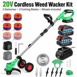 20V Cordless String Trimmer, 3-in-1 Weed Wacker and Lawn Edger with 2 Batteries, Adjustable Telescopic Shaft, Wheels and 3 Cutting Blades for Yard Garden