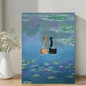 In Monet's Narcissus Scene, Unique Orange and Black Cat - Vibrant Blue and Green, Wooden Frame Wall Decoration, Suitable for Living Room, Bedroom, Kitchen, Office or Coffee Shop - Perfect Valentine's Day Gift, Living Room Artwork| Monet's Inspired Art| Yo