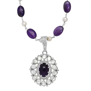 Artisan Crafted Premium  Amethyst and Multi Gemstone 13.40 ctw Necklace in Rhodium Over Sterling Silver 18 Inches