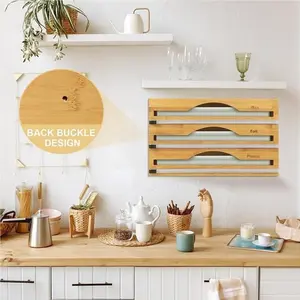 3-In-1 Packaging Organizer with Cutting Blade, Labels, Plastic Film Dispenser, Aluminum Foil & Wax Bamboo Distributor for Kitchen Storage