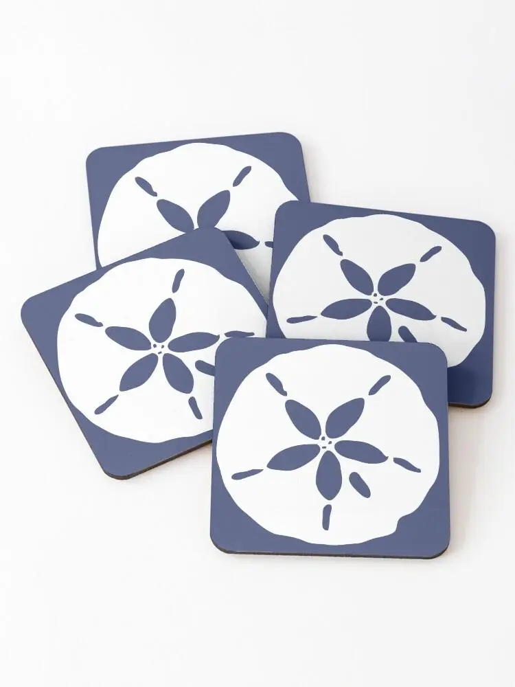 4pcs Coaster Set Navy Blue and White Sand Dollar SeaShell Coastal Coasters