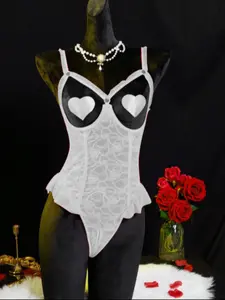 Christmas Sexy Lace Patchwork Mesh Cut-Out Thong Women's Jumpsuit with Steel Ring, 3 Piece Set, Perfect for Romantic Nights and Weddings