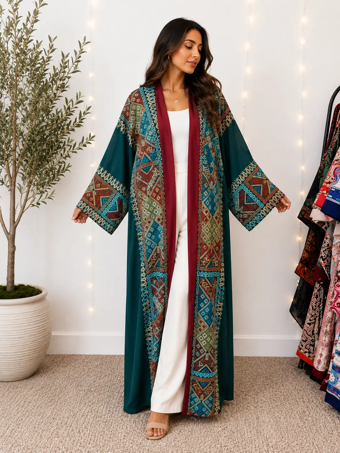 Women's Casual Cotton Color-Block Abaya Dress Set, Elegant Long-Sleeve 1-Piece Maxi Gown, Stain-Resistant Modest Islamic Wear for All Seasons, Dry Clean