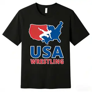 USA Wrestling Graphic T-Shirt for Men Women, American Flag State Outline Tee, Premium Cotton Black Shirt, Unisex Crewneck Casual Top, Athletic Gym Streetwear, Perfect Gift for Wrestling Fans Patriotic Outfit