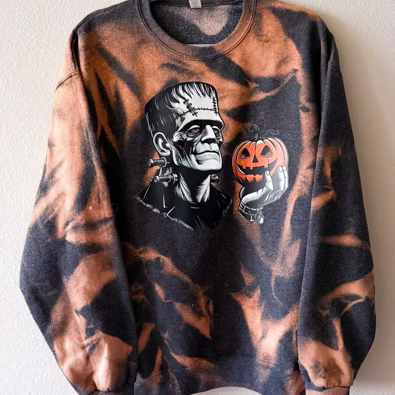 Frankie & Pumpkin Fall Gray Reverse Dye Crewneck Sweatshirt | Fall Halloween Tie Dye Sweatshirt Spooky