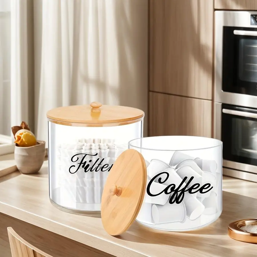 Coffee Pod Holder with Bamboo Lid, 2 Counts Coffee Filter Dustproof Storage Box, Coffee Creamer Container, Home Organizer for Kitchen Counter, Bottles, Kitchen Organizers, Coffee Bar Storage