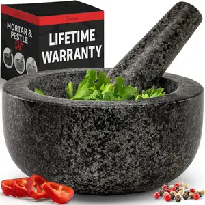 Heavy Duty Large Mortar and Pestle Set, Granite, Non Slip Base, Make Fresh Guacamole, Salsa, Pesto, Stone  Bowl,  , , 2 Cup, 6.3 Inch Size, Black