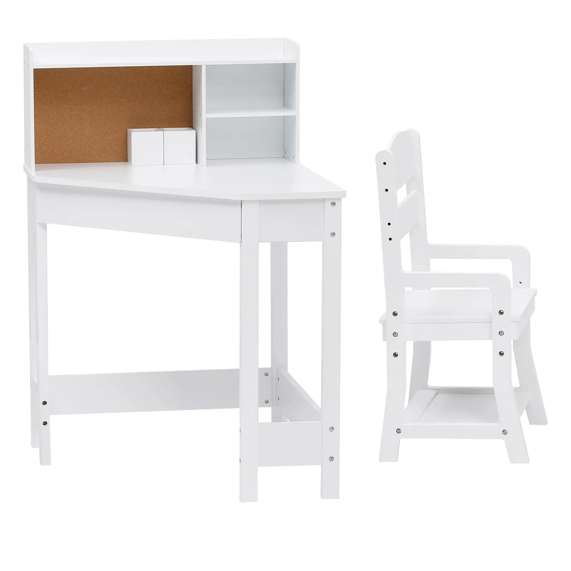 Kids Study Desk and Chair Set - White Triangular Corner Table with Adjustable Seat, Hutch, Corkboard, Pen Holder, CPSIA Certified Engineered Wood Compact Homework Set for Children