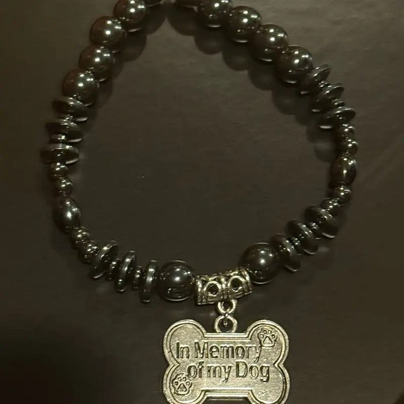 In Memory of MyDog Hematite Bracelet with Dog Bone Charm Memorial Jewelry