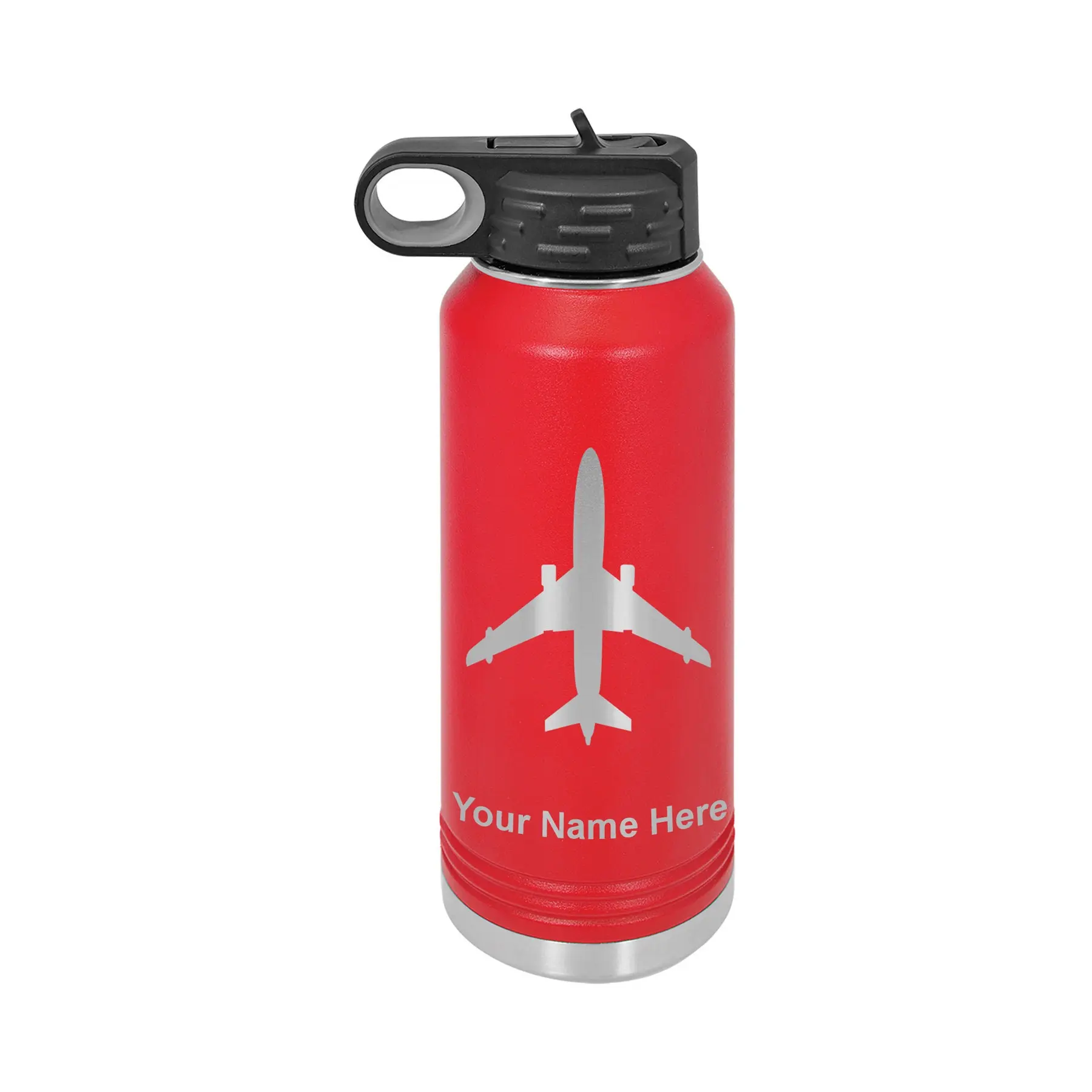 32oz Double Wall Flip Top Water Bottle with Straw, Jet Airplane, Personalized Engraving Included