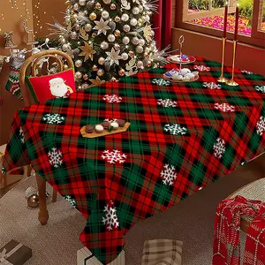 Christmas Tablecloth with Plaid Background Design, Festive Snowflake Pattern, Indoor Outdoor Use, Home Kitchen Decor, Holiday Wedding Party Decoration, Party Decoration Supplies