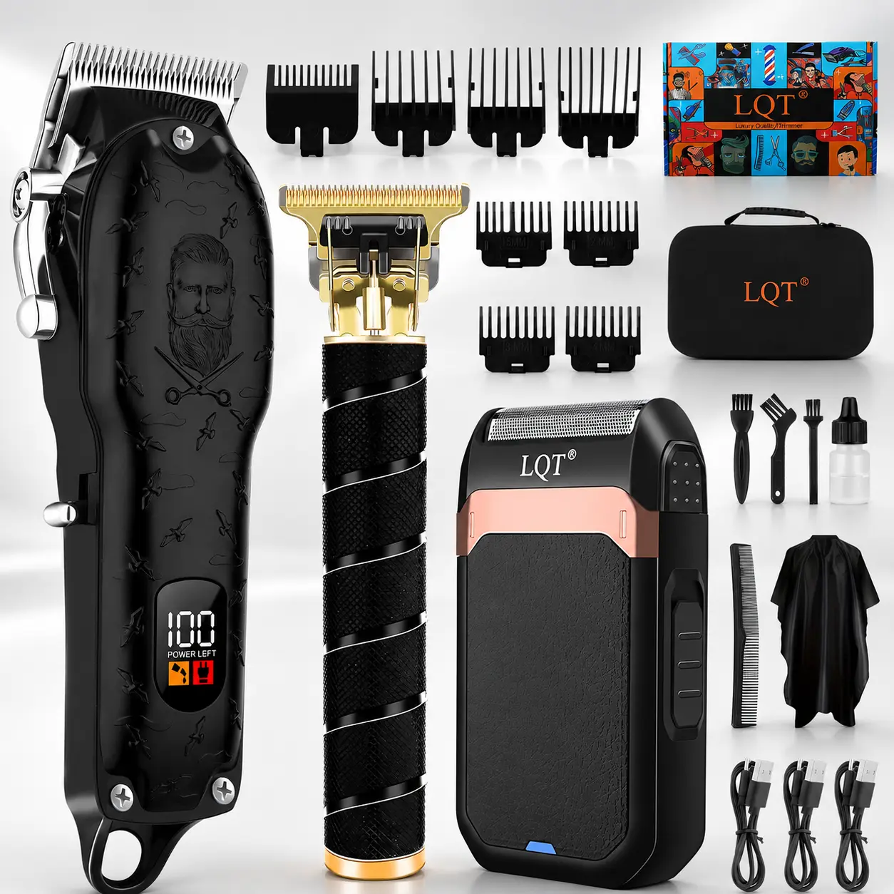 LQT Men's Professional 3-in-1 Barber Hair Clipper Kit, Cordless Hair Trimmer Set with T-Blade Detailer and Foil Shaver, Rechargeable Grooming Kit for Hair, Beard & Body, LCD Display, Adjustable Guide Combs, Premium Barber Tools for Home & Salon Use