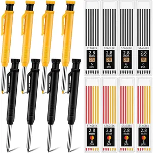 8 pack 2.8mm Mechanical Carpenter Pencils with 48 Refills, Construction Pencils with Built-in Sharpener, Long Nib Deep Hole Marker, Heavy Duty Woodworking Tools (Black+yellow)