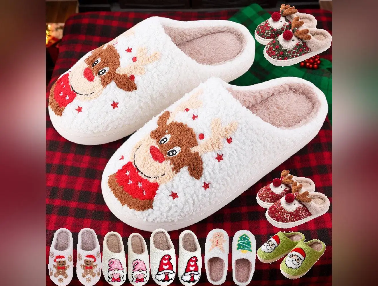 Christmas Elk Cotton Slippers for Women Men Bedroom Shoes Winter Cute Cartoon Non Slip Couple Floor Slides Indoor Plush Shoes