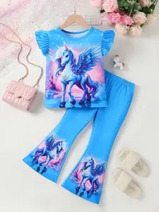 Youthful Unicorn Print Top + Flared Long Pants Set, Casual Fashion for Young Women, Perfect for Daily Wear & Stylish