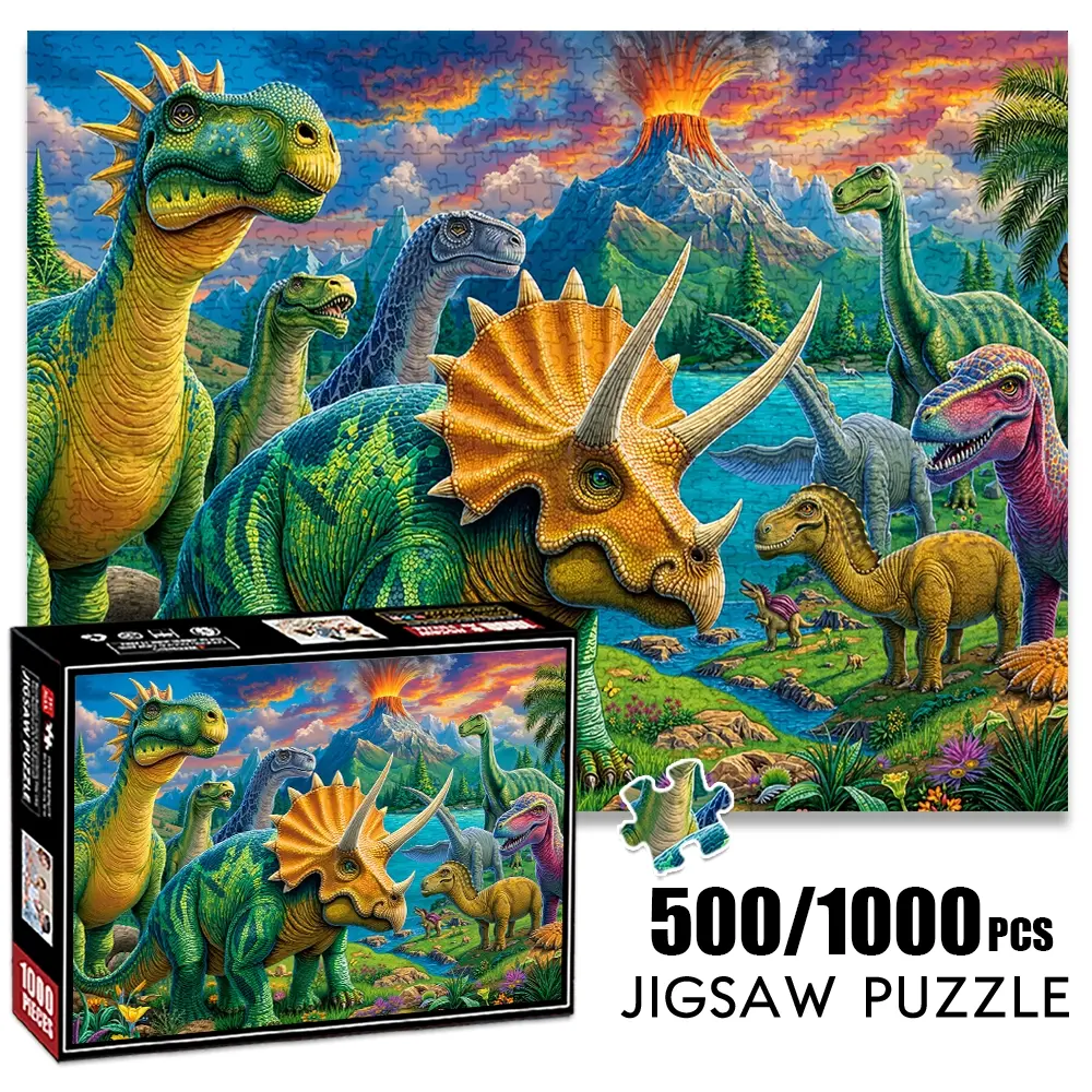 1pc 1000 piece adult puzzle 70x50cm Group of Colorful Dinosaurs in Prehistoric Landscape with Volcano 500 pieces of paper jigsaw puzzle, suitable for adults and families, large-scale DIY puzzle inte