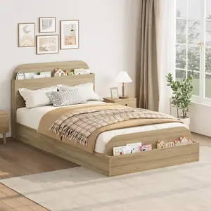 Twin Low-Profile Wood Platform Bed Frame, Sturdy Wooden Construction with Storage Headboard & Footboard, Wood Slats, No Box Spring Needed, Kids’ Natural Bedroom Furniture Set for Bedroom Decor, Furniture For Bedroom