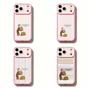 TY-Curious Georgeee "Do Everything in Love"  Phone Case,Cute Cartoon Monkey Phone Case,Pink Striped Curious Georgeee Protective Cover For iPhone 11 12 MINI 13 MINI 14 15 16 17 Air Pro Max for Samsung S26 S25 S24 S23 S22 S21 Case,Gift for her/him/fans
