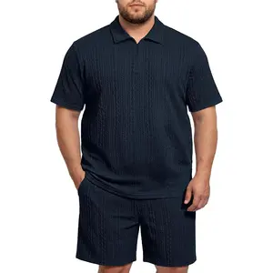 Big and Tall 2 Piece Outfits for Men Polo Shirt and Short Sets Quarter Zip Textured Summer Clothes, 4XL-7XL