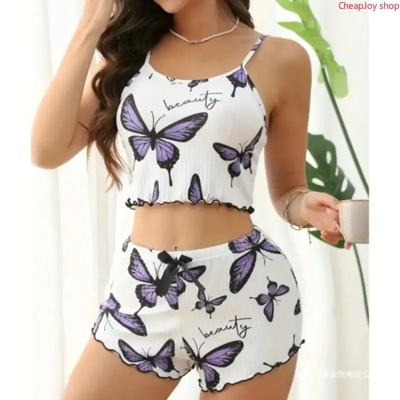 Butterfly Print 2Pcs Loungewear Set, Adjustable Strap Camisole Top & Shorts Pajama Suit, Soft Casual Women Sleepwear, Fashion Home Outfit Suitable for Indoor Rest Leisure Time And Casual Outdoor Daily Wear