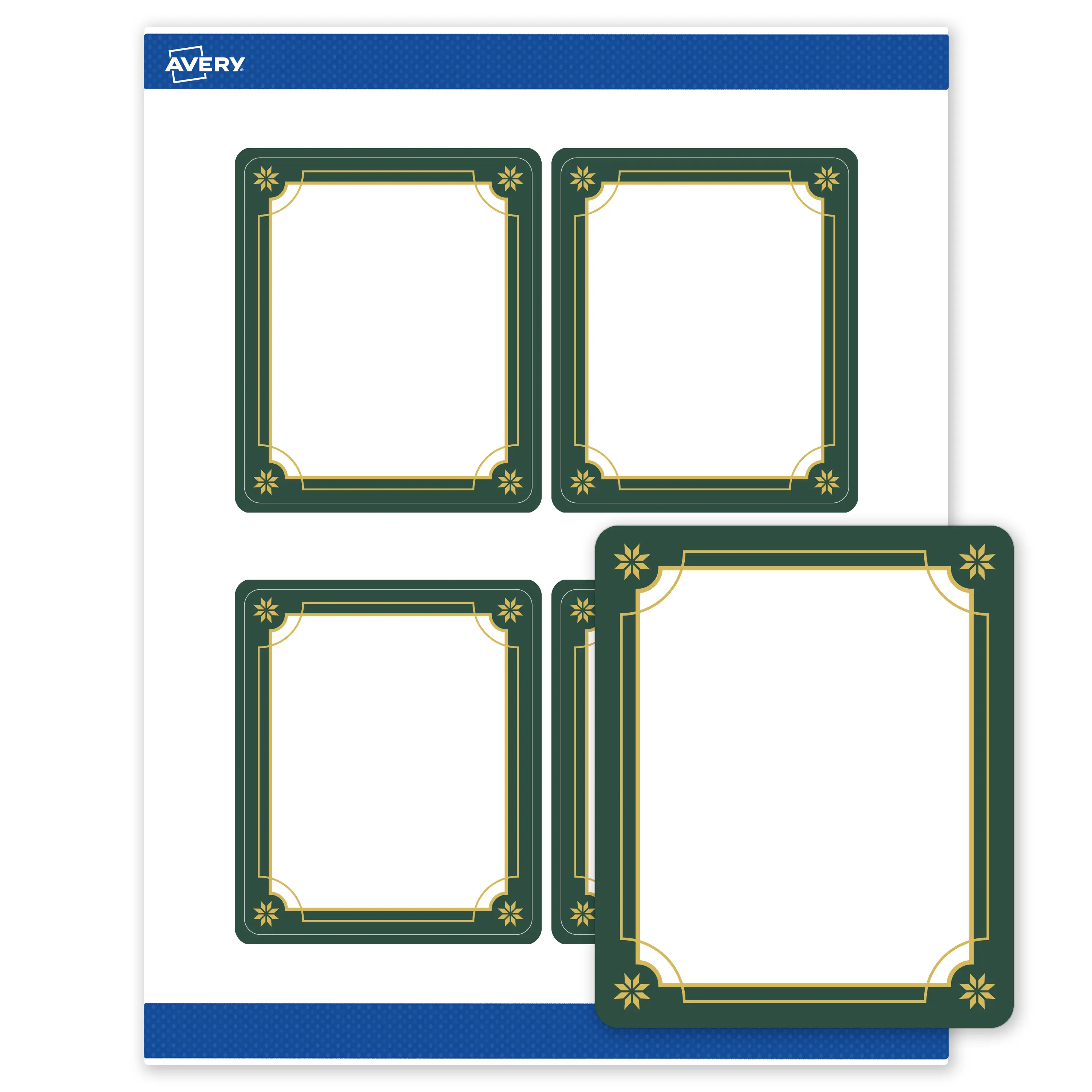 Avery® Printable Christmas Labels with Sure Feed® Technology, Rectangle, 4" x 3-1/3", Pre-Printed Green & Metallic Gold Border Design, Matte White, Laser & Inkjet Compatible, 40 Total