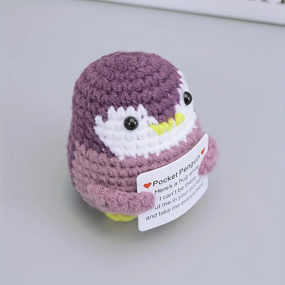 Hand-Crocheted Purple Penguin Plush with Heart Sign Soft Fabric Tabletop Decor No Electricity Needed Cute Collectible Gift for Home Party Decoration