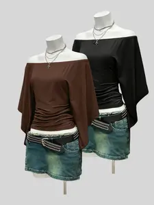 Elegant One-Shoulder Flare Sleeve Women's T-Shirt Top Set, Casual Fitted Two-Piece, All Seasons Plain Design, Trendy Fashion Womenswear