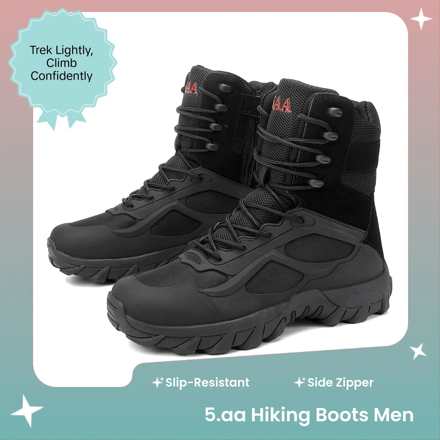 5.AA Men's Tactical Hiking Boot, Lightweight All-Terrain High-Top Hiking Style Shoes with Side Zipper, Slip-Resistant for Trekking & Camping, Trekking Camping Shoes, Rubber
