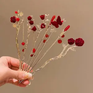 Retro Rose Hairpin For Women Chinese Style Tassel Hair Stick Pins Hair Clips Flower Handmade Hairpins Valentine's Day Headwear