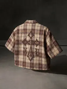 Men's Vintage-Inspired Plaid Camp Collar Shirt with Gothic Cross Graphic Back Men's Camp Collar Shirt, Short Sleeve Button-Up, Oversized Plaid Shirt, Streetwear Top